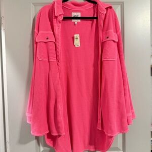 Bright Pink Waffle Knit Button-Up Shirt